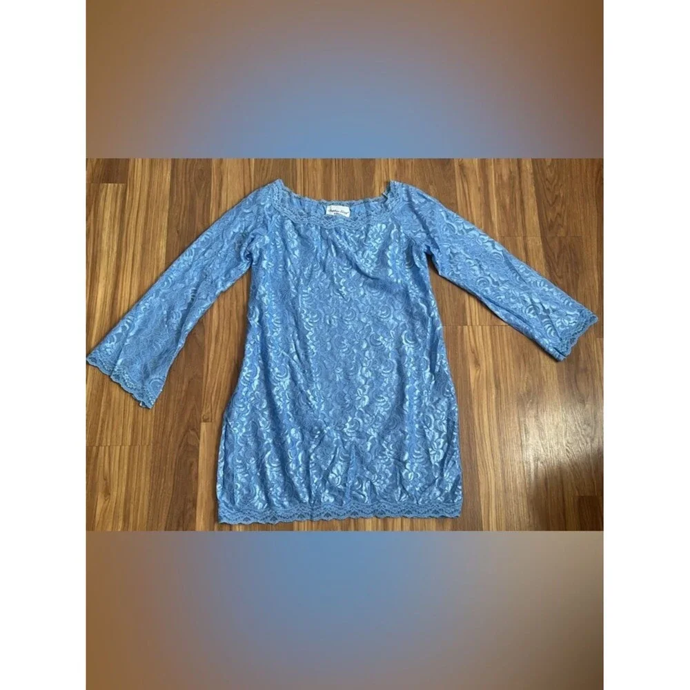 Vintage Daphne Grey Blue Floral Lace Bell Sleeve Mini Dress Lingerie Made in USA
